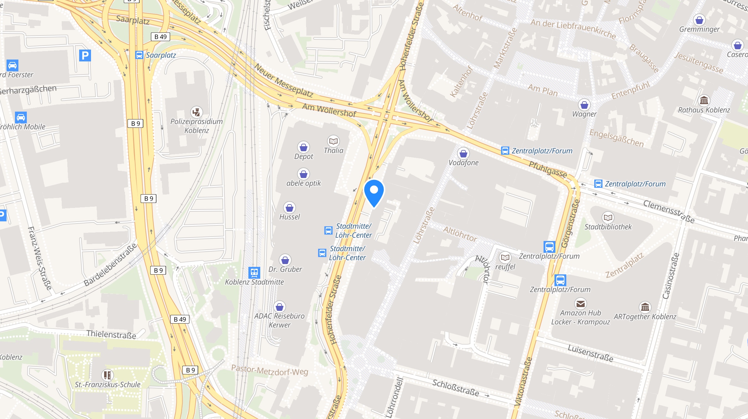 Kartenausschnitt: Die Praxis liegt in der Hohenfelder Straße 17 in Koblenz, gegenüber dem Busbahnhof am Löhr-Center. Größere Karte bei OpenStreetMap öffnen.